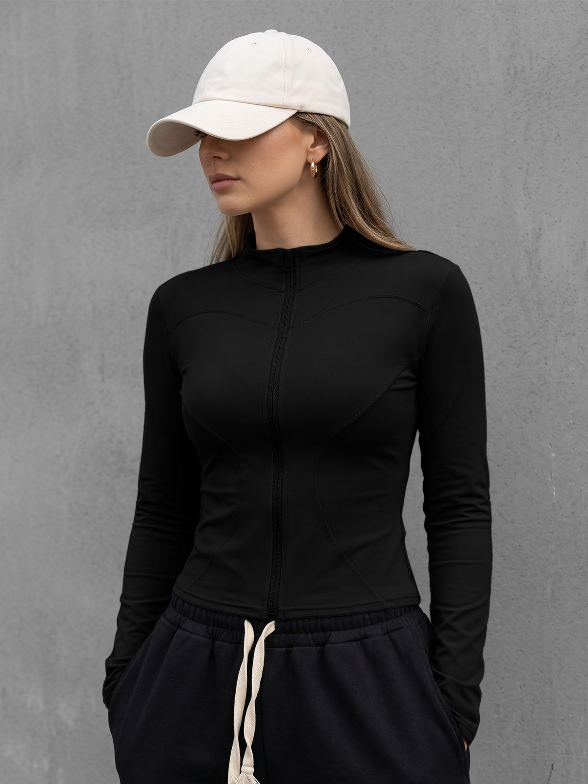 Thumbhole Stand Collar Zip Jacket - Black