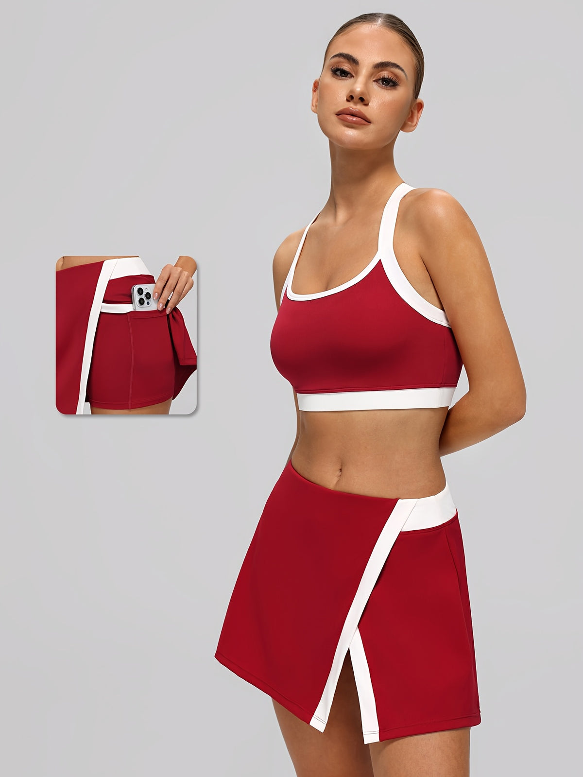 Tennis Bra & Slit Skirt Set - Red