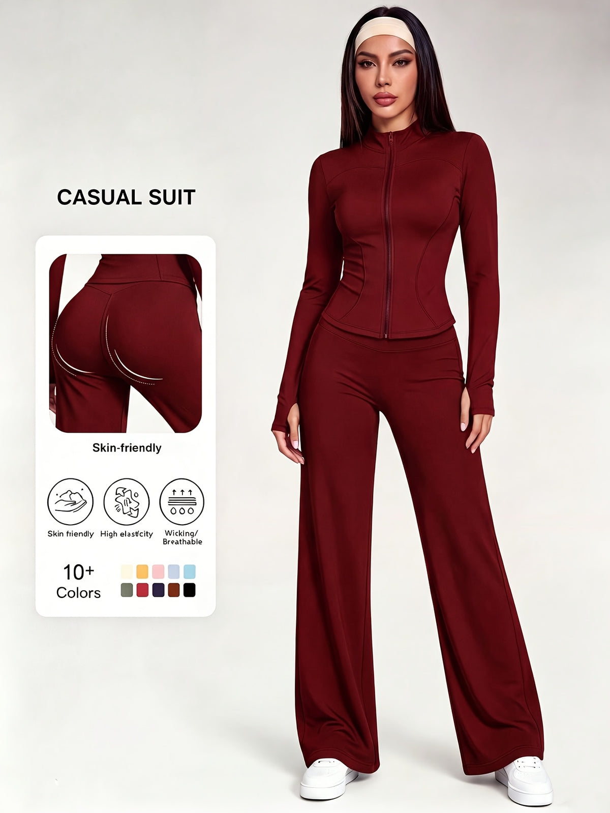 Waist Cinch Zip Jacket & Flare Pants Set - Burgundy