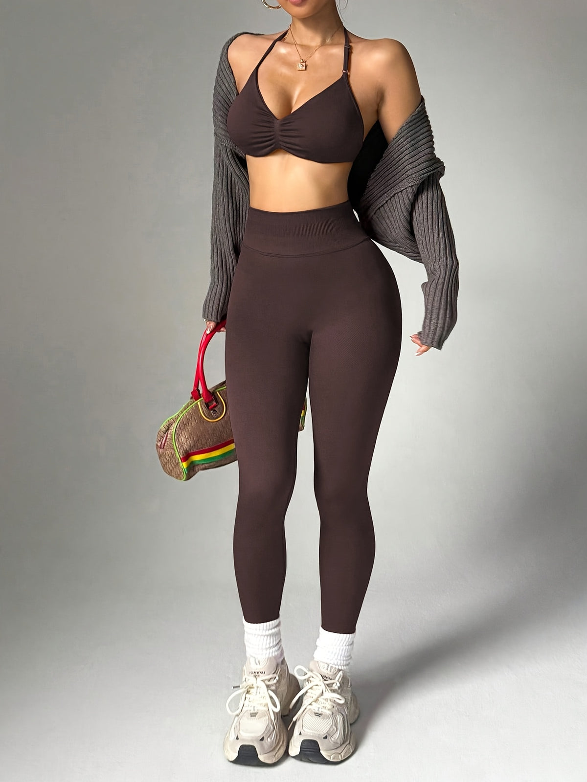 Thin Strap Padded Bra & Leggings Set - Brown