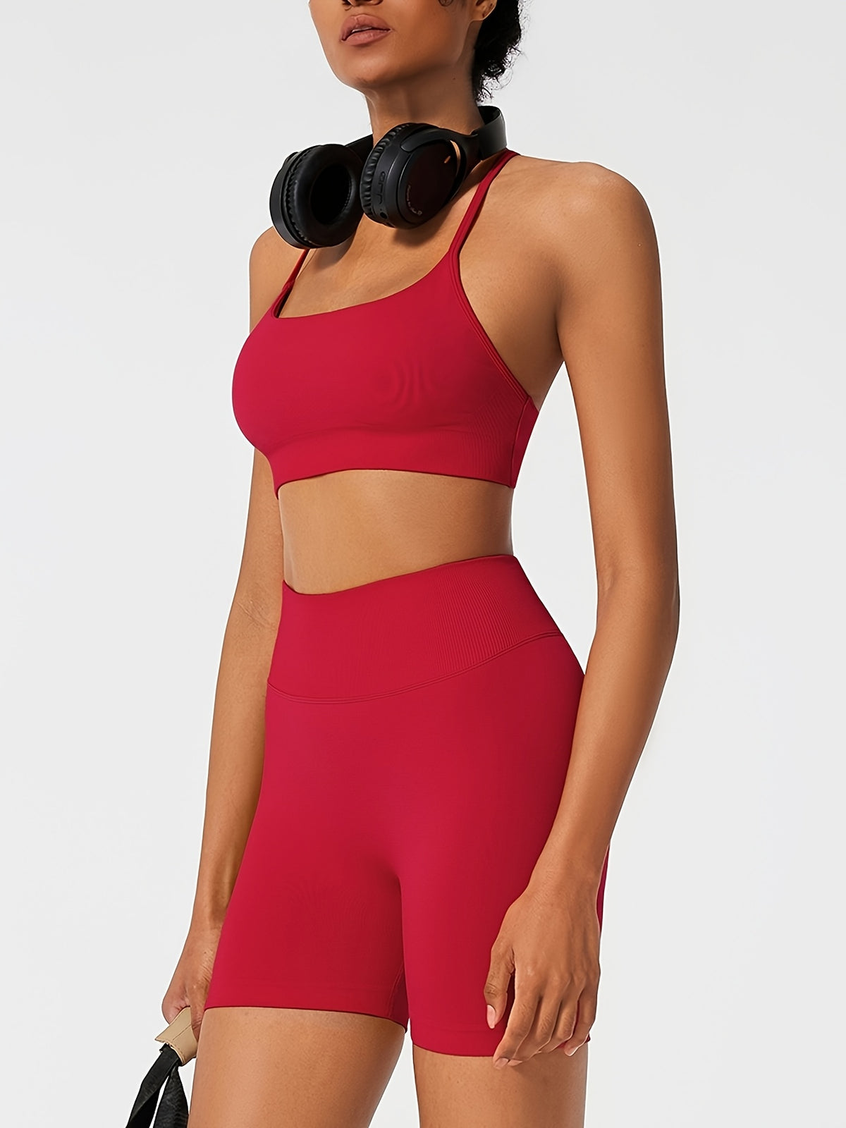 Square Neck Crop Top & Cycling Shorts Set - Red