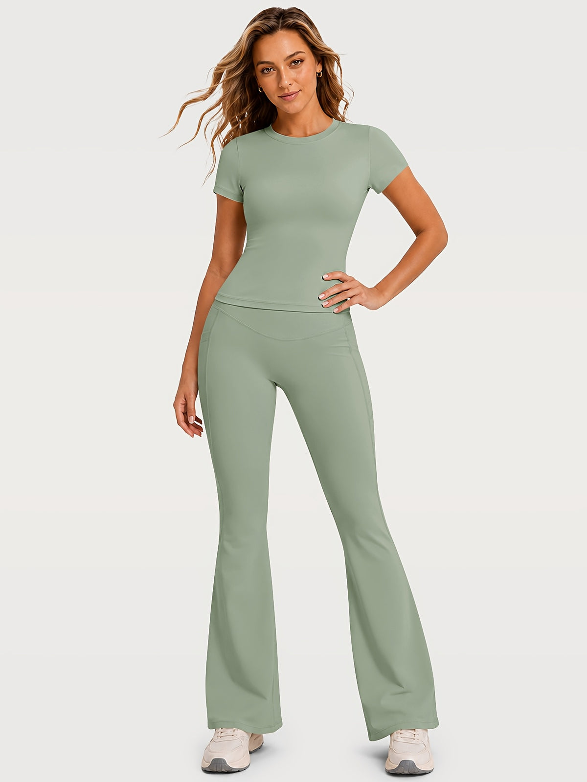 Fitted Tee & Flare Pants Set - Sage Green