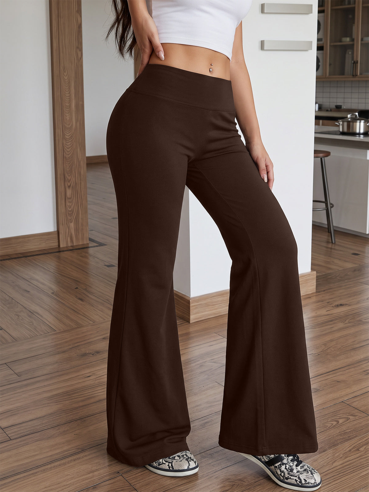 Slight Flare Tummy Control Yoga Pants - Coffee