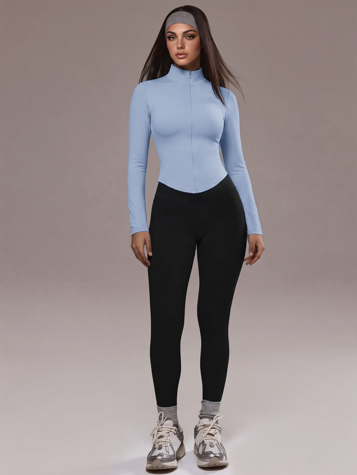 Half Zip Curved Hem Top - Light Blue