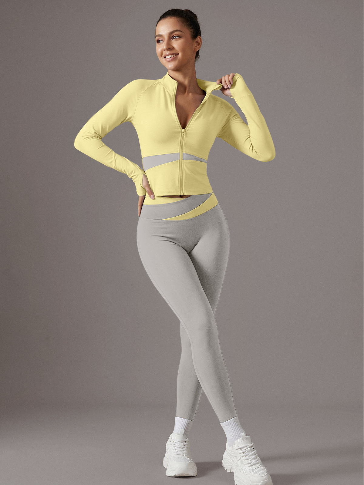 Color Block Cardigan Jacket & Slim Pants Set - Yellow & Light Grey