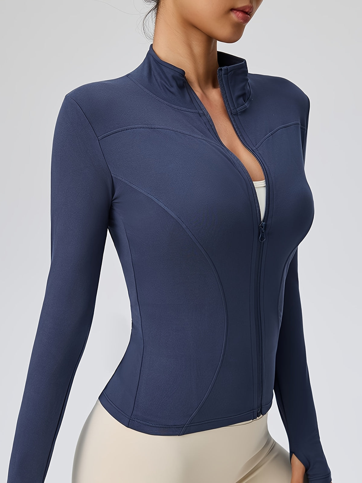 Slim Fit Cropped Zip Running Jacket - Navy