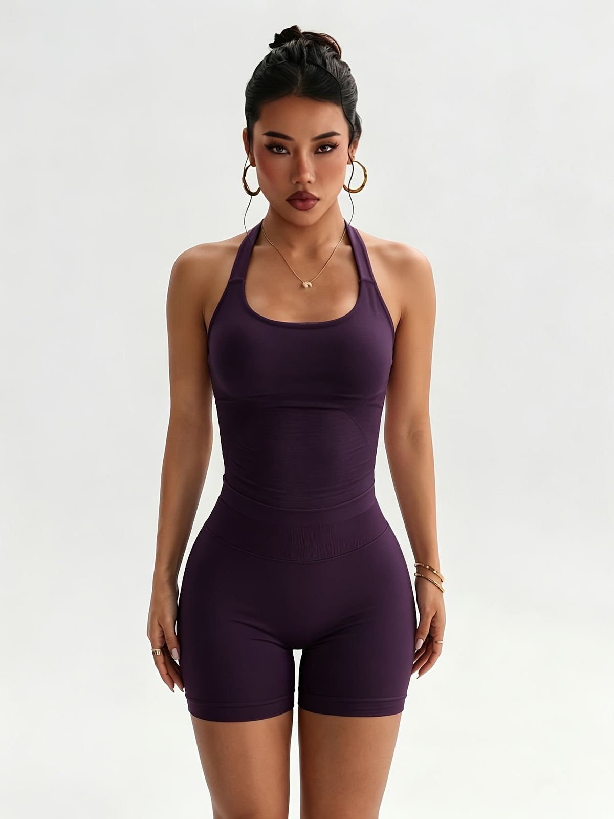 2 Pack Strappy High Waist Shorts - Deep Purple