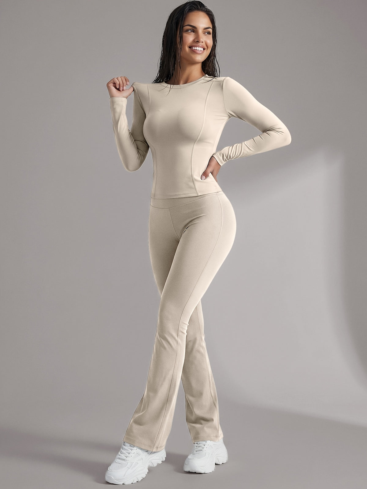 Long Sleeve Tee & Lift Yoga Pants Set - Ivory White