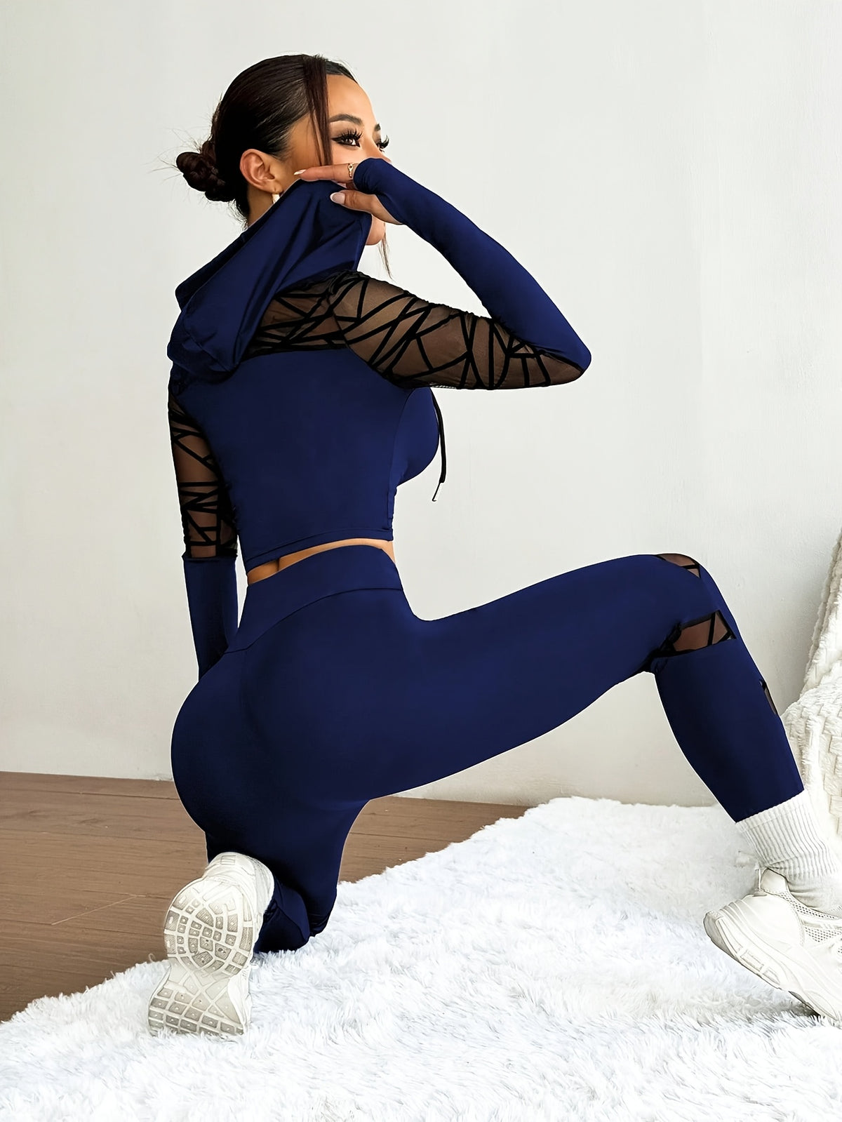 Mesh Panel Thumbhole Hoodie & Leggings Set - Navy Blue