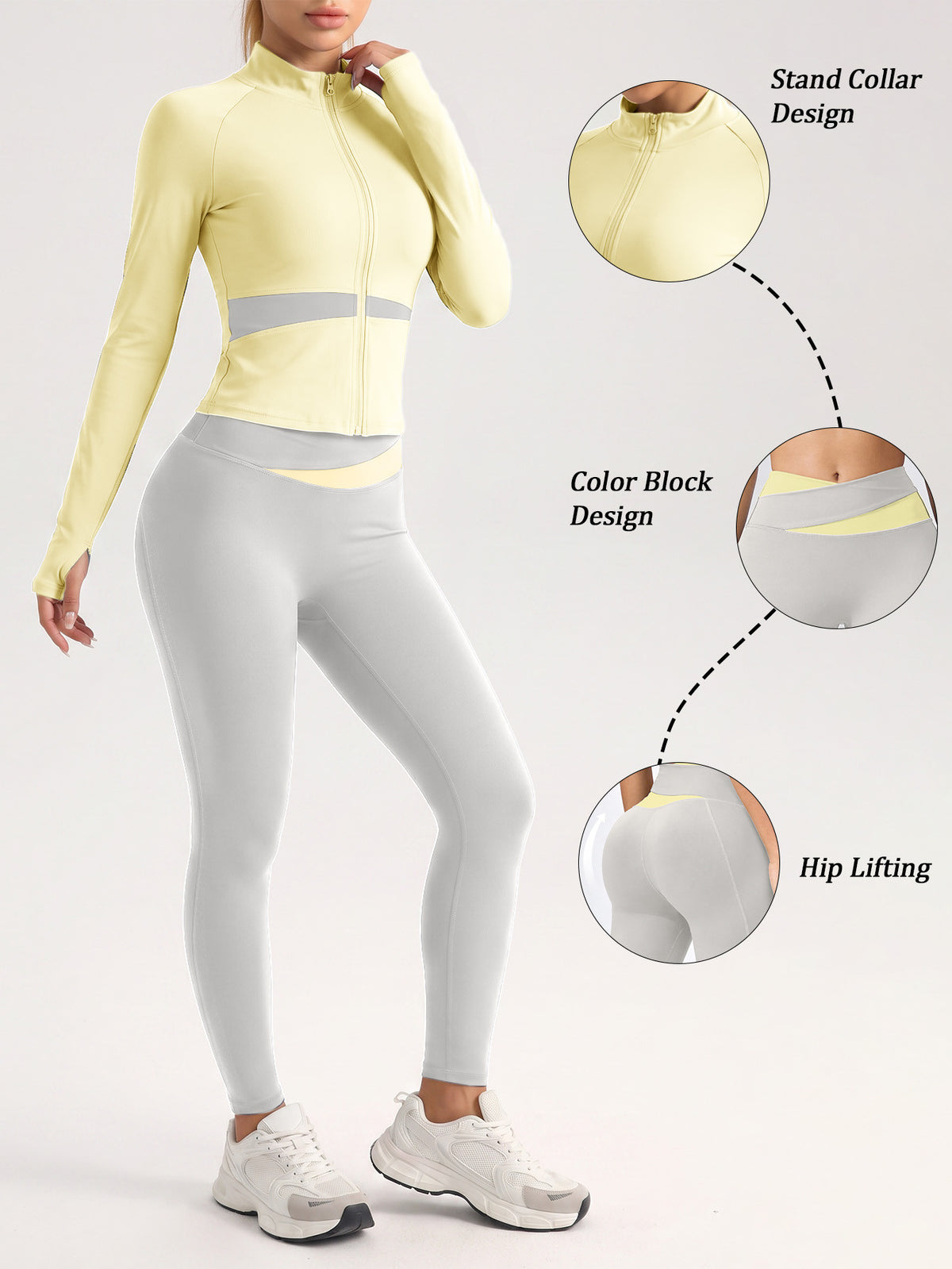 Contrast Zip Jacket & Lifting Leggings Set - Yellow & Light Grey