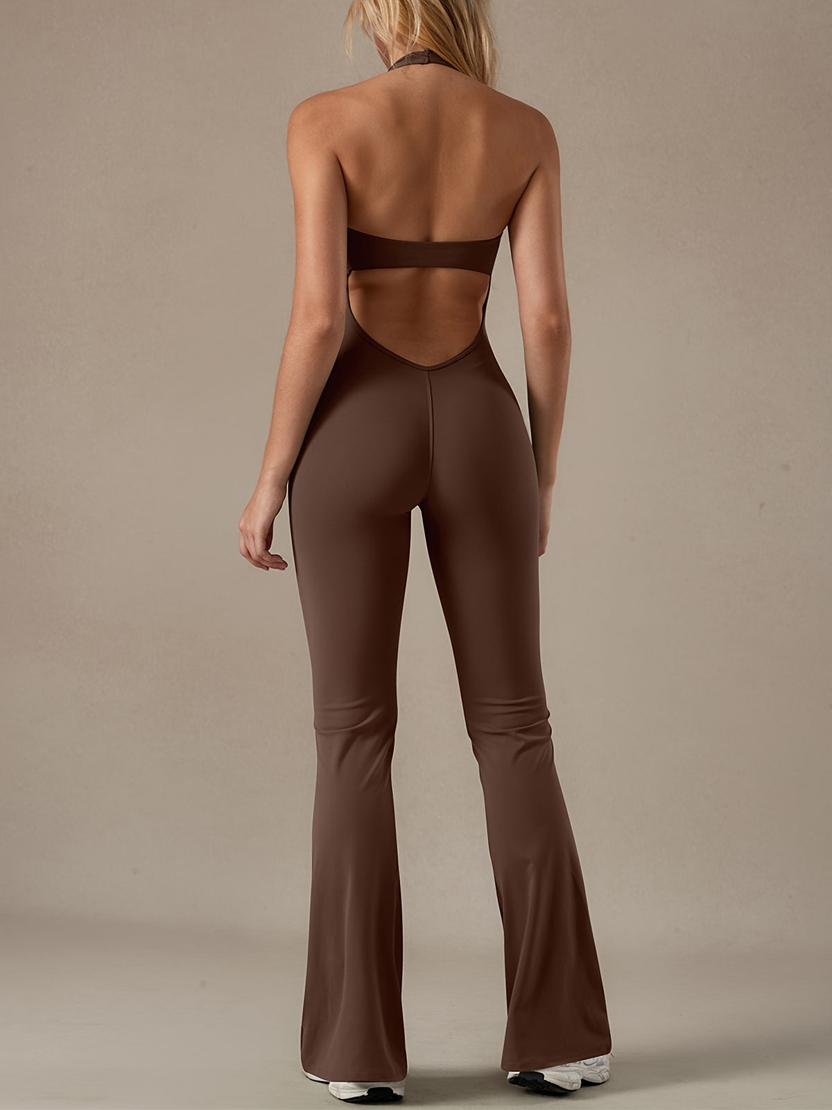 Halter Deep V Backless Flare Jumpsuit - Chestnut Brown