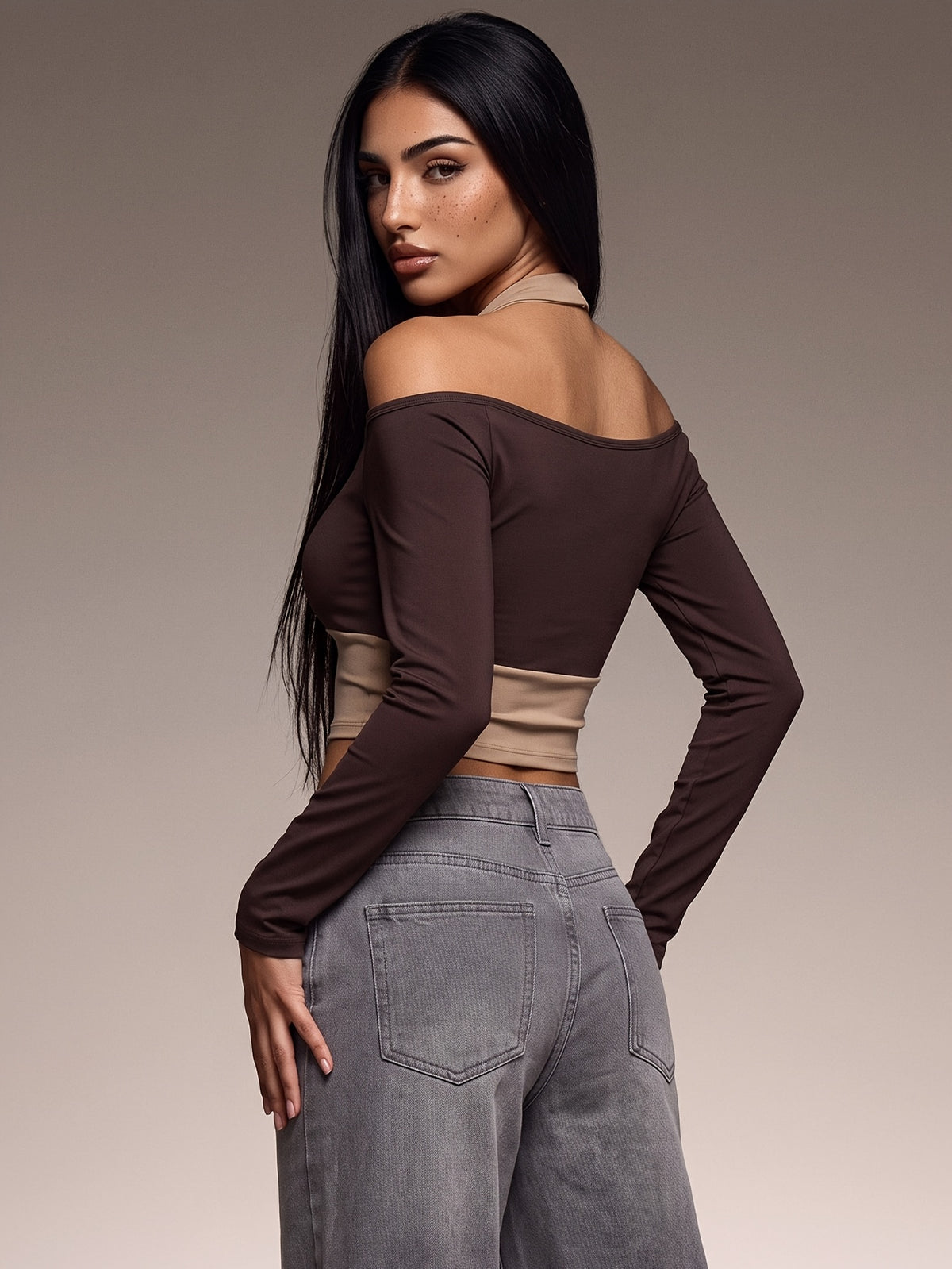 Off Shoulder Layered Crop Top - Coffee