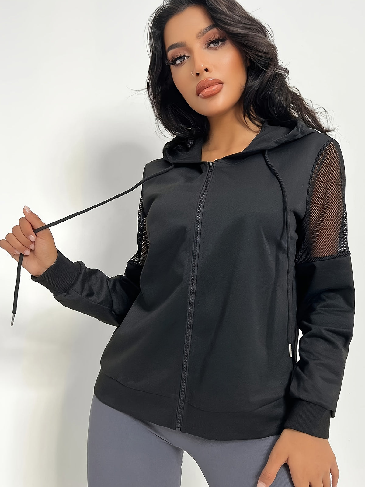 Mesh Splice Ribbed Cuff Hoodie - Black