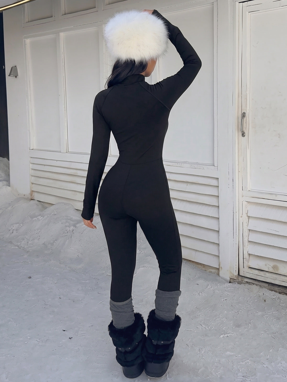 Fleece Lined Stand Collar Zip Jumpsuit - Black