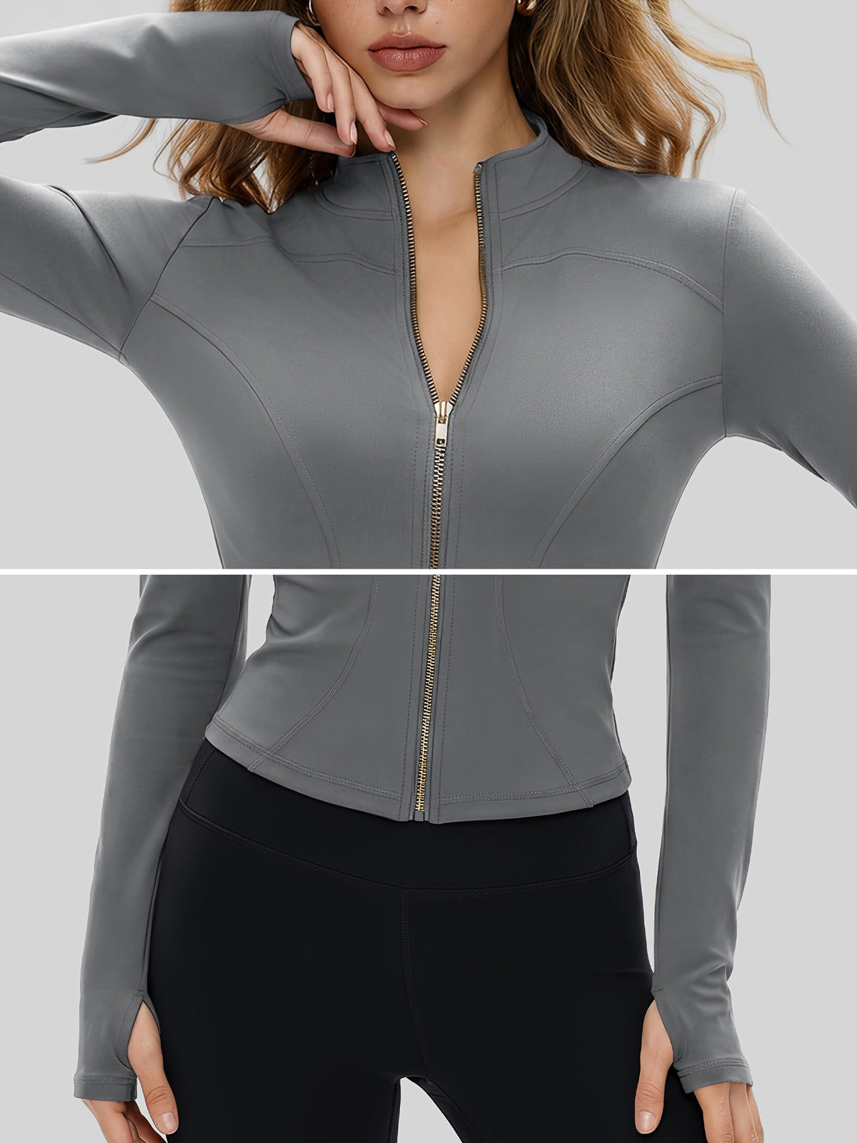 Cropped Thumbhole Zip Jacket - Grey