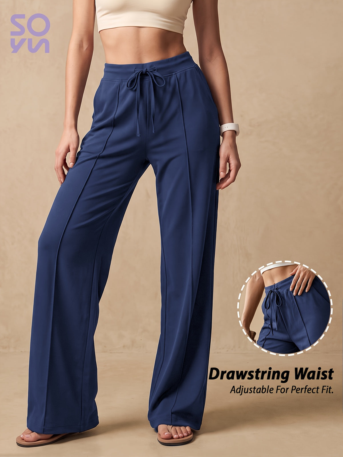 Drawstring Wide Leg Pocket Yoga Pants - Navy