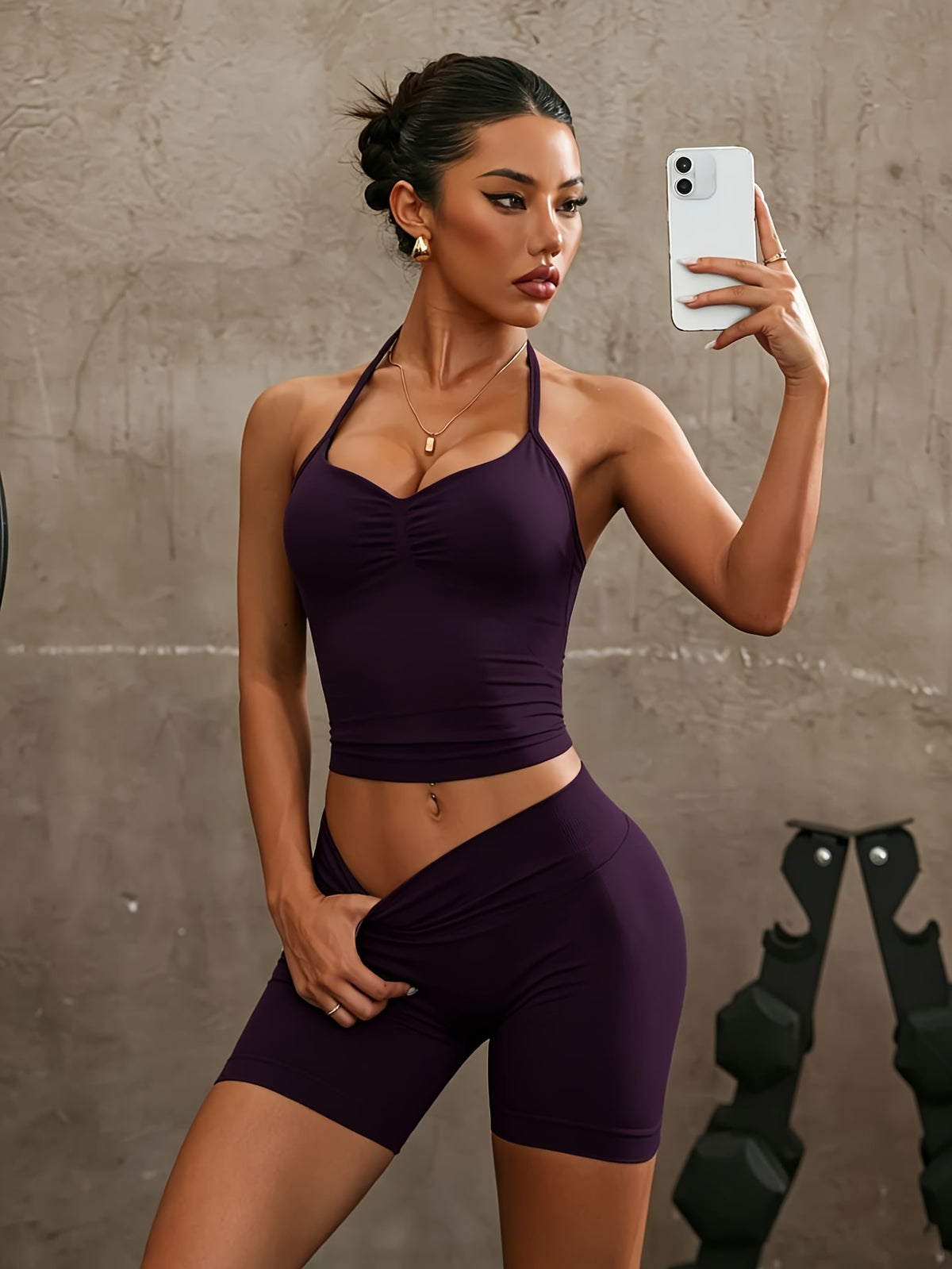 Backless Halter Top & Sport Shorts Set - Deep Purple