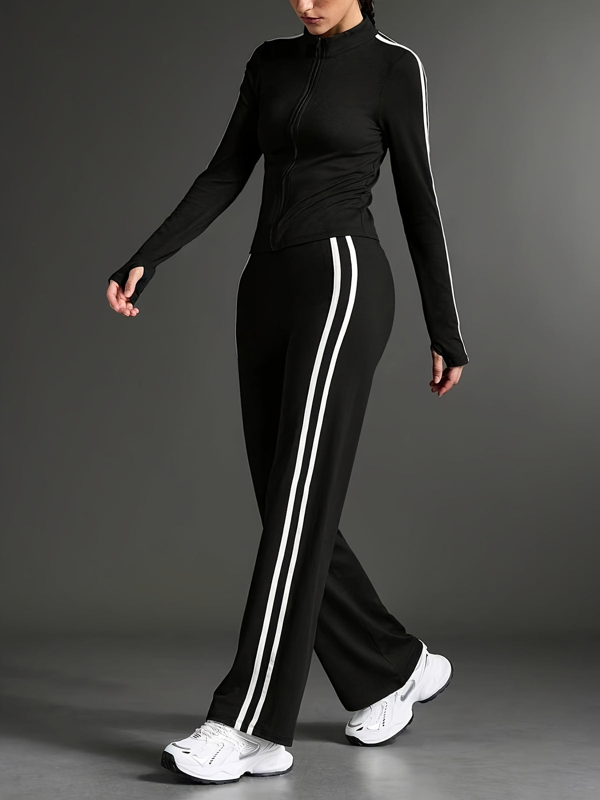 Thumbhole Crop Jacket & Wide Leg Pants Set - Black