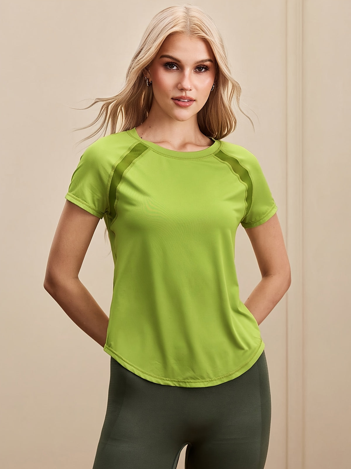 Mesh Spliced Quick-Dry Sports Tee - Yellow Green