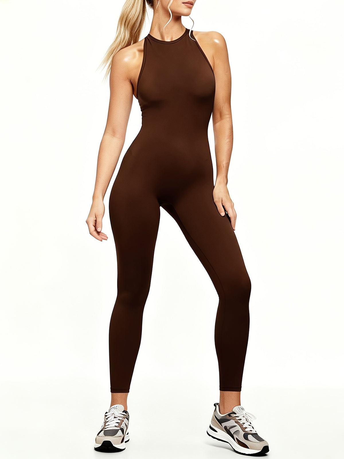 Sleeveless Back Zip Jumpsuit - Coffee
