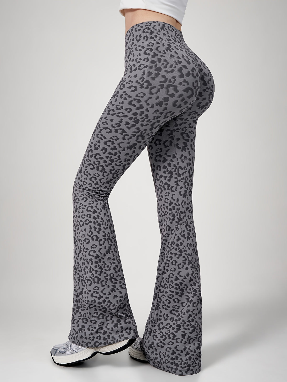 Leopard Print Flare Leggings - Grey