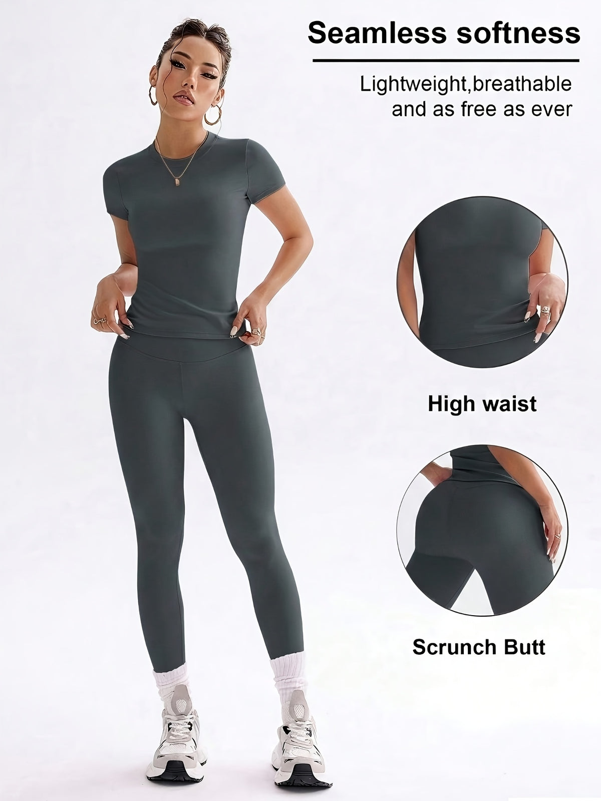 Cropped Tee & Leggings Set - Slate Grey