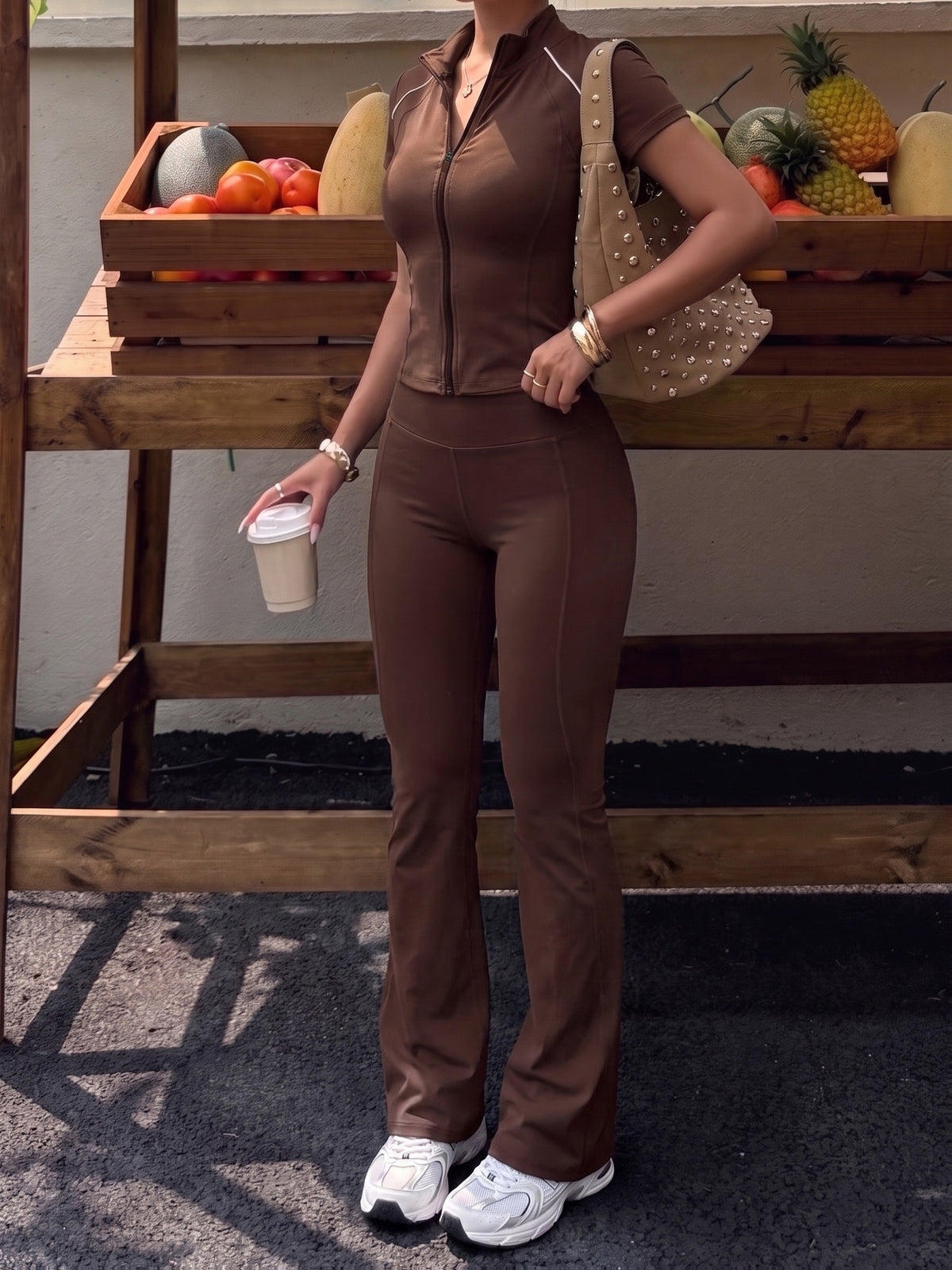 Zipper Jacket & Wide Leg Trousers Set - Coffee