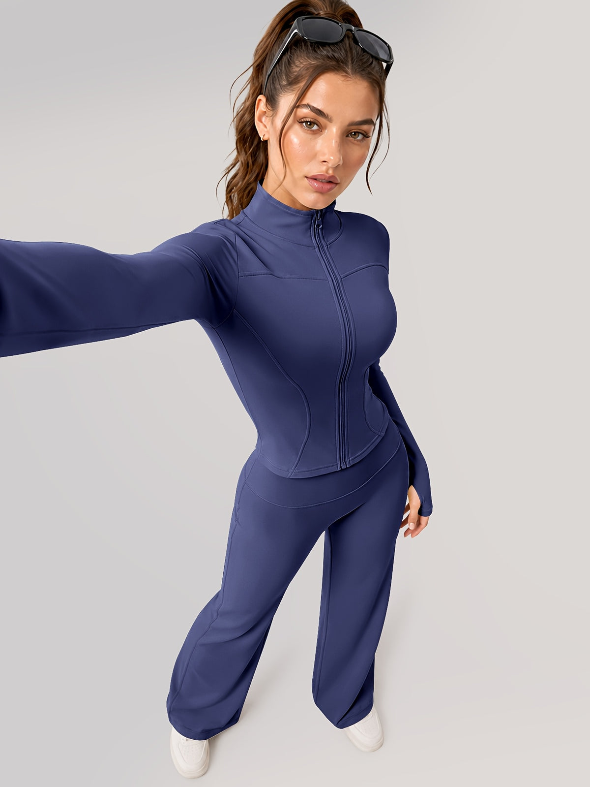 Zip Jacket & Wide Leg Pants Set - Navy