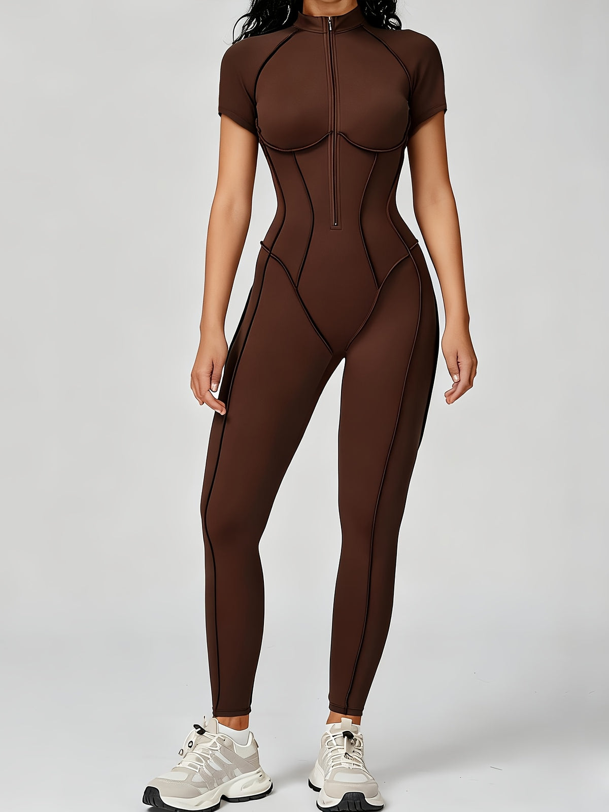 Short Sleeve Half Zip Jumpsuit - Coffee