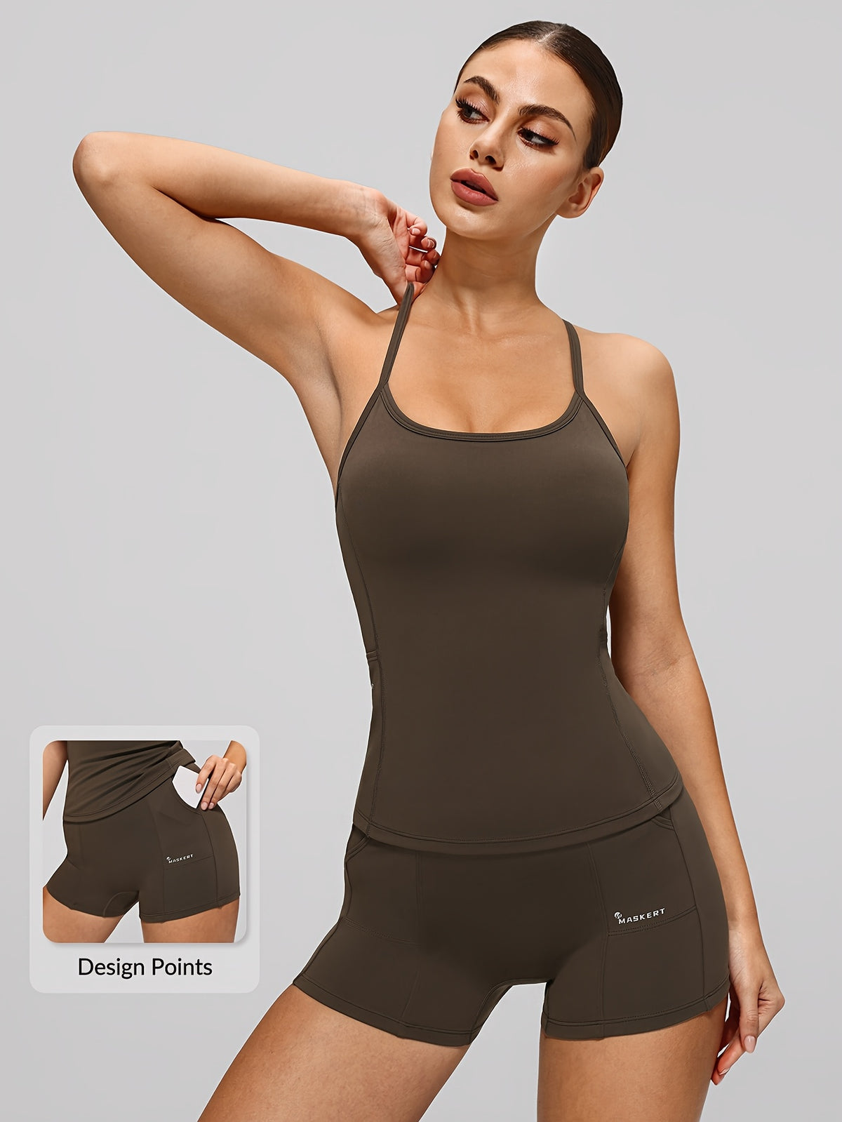 Crossover Top & Pocket Shorts Set - Coffee Brown