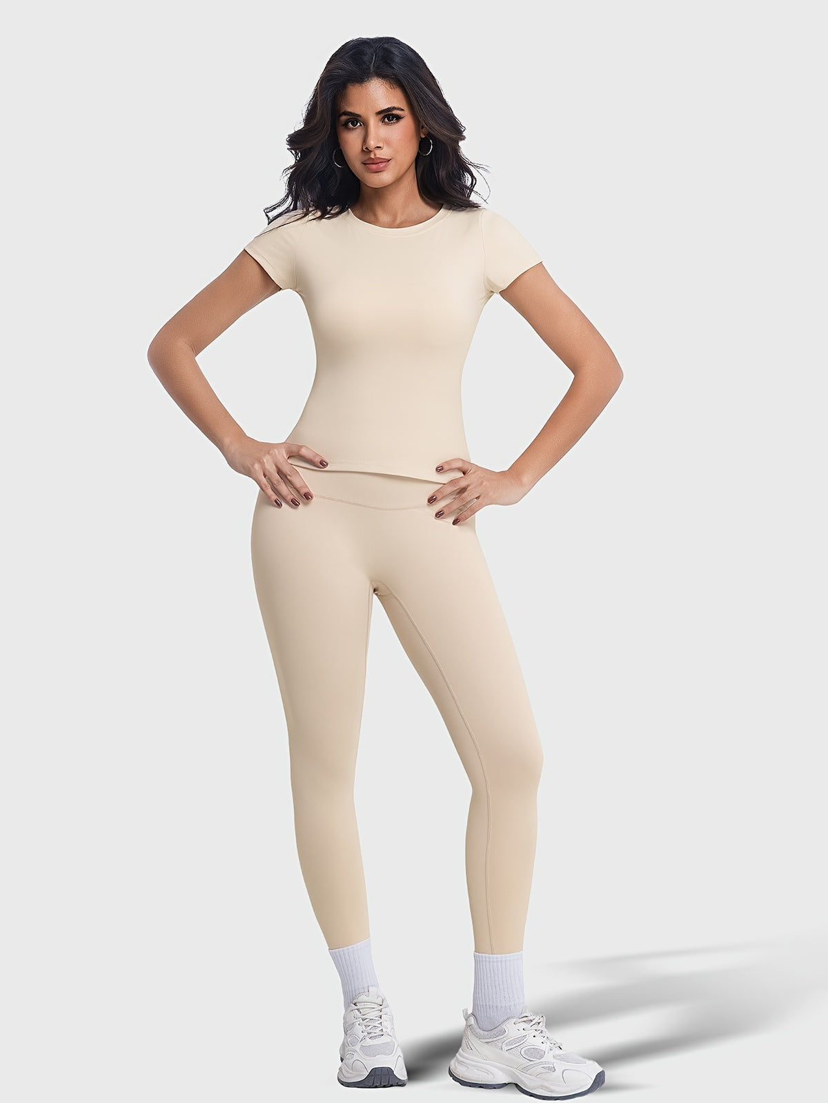 Crew Neck Tee & Leggings Set - Beige