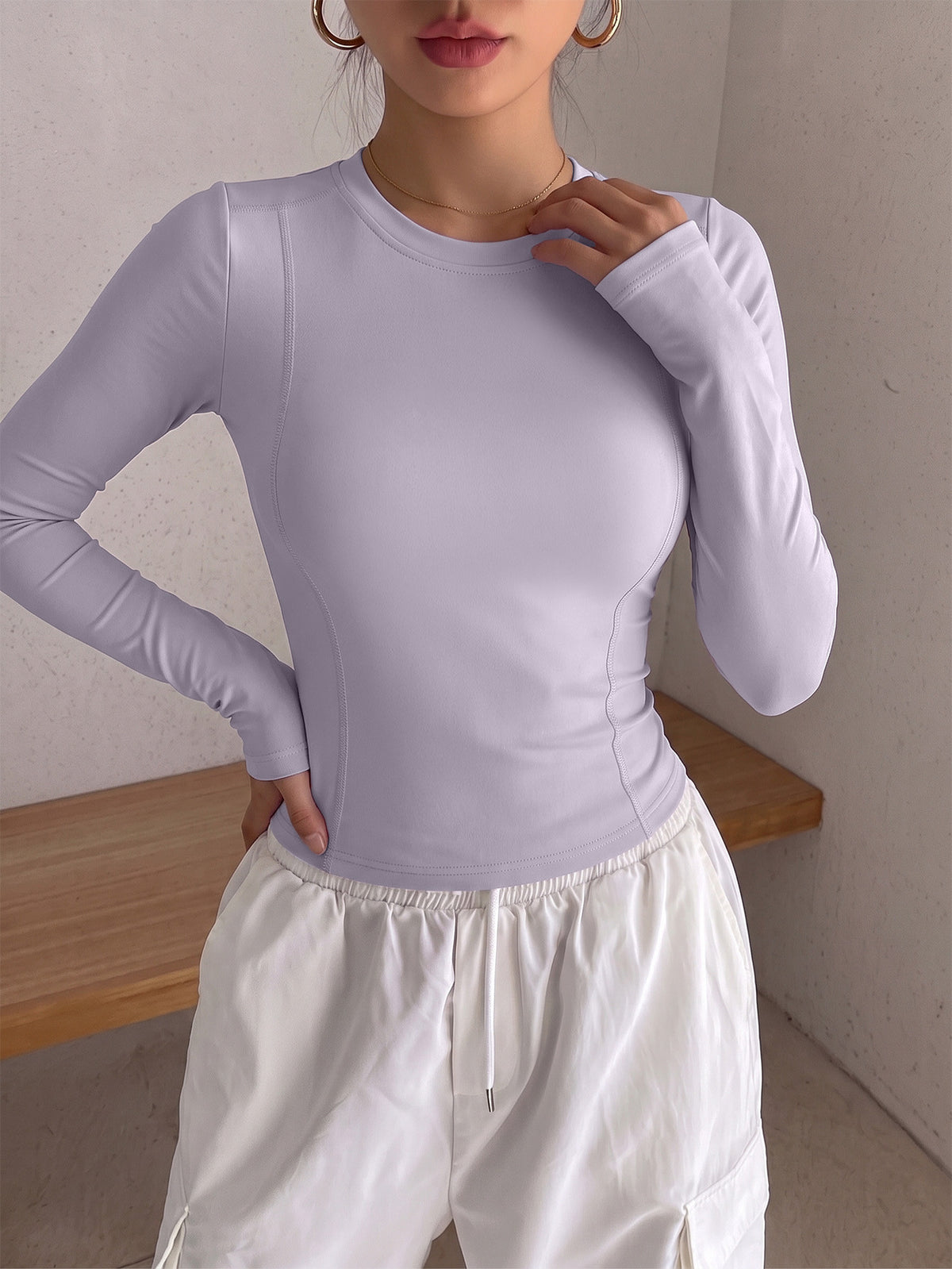Round Neck Shaping Long Sleeve Top - Light Purple