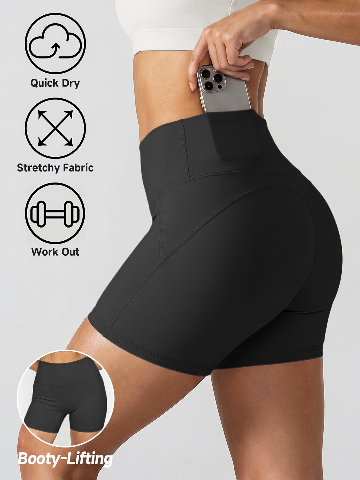Back Pocket High Waist Biker Shorts - Black