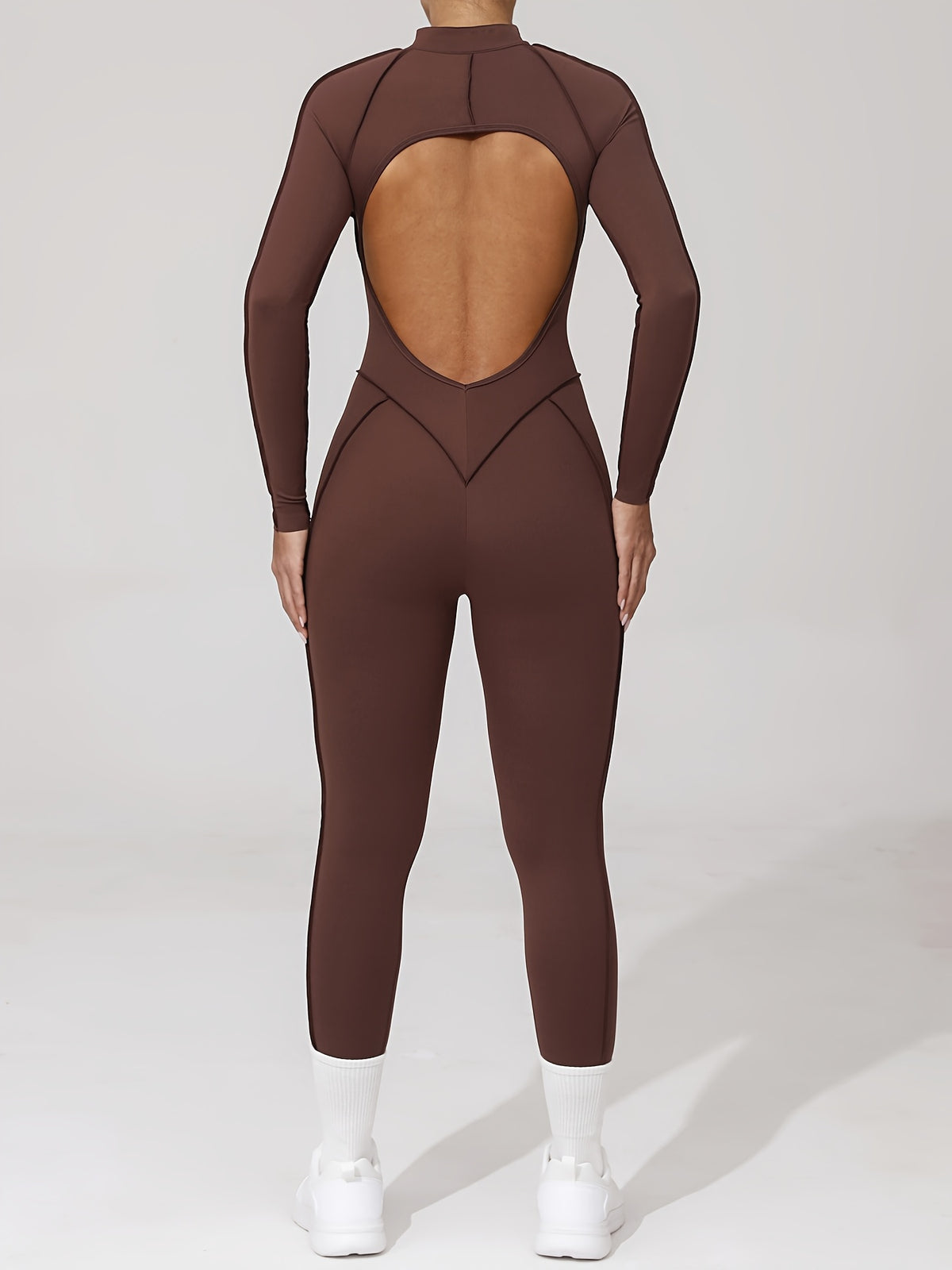 Half Zip Open Back Long Sleeve Jumpsuit - Coffee