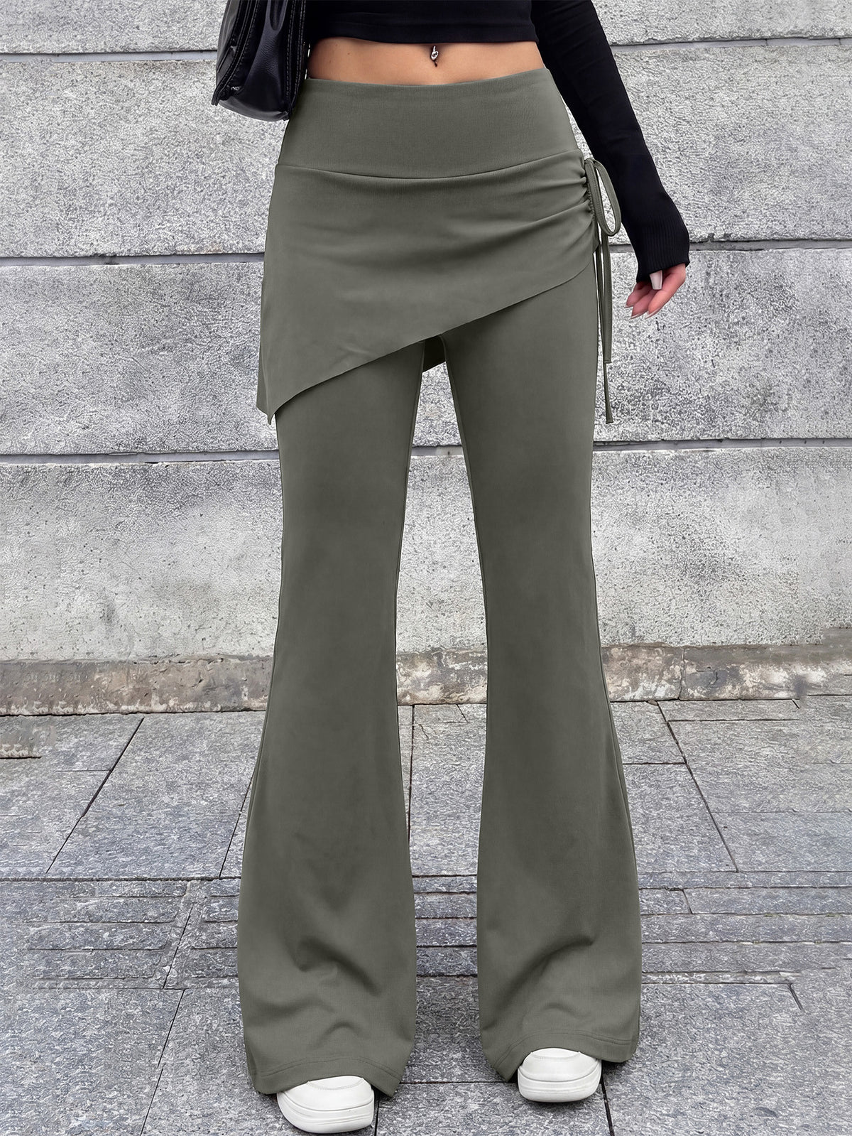 High Waist Drawstring Flare Skort - Grey