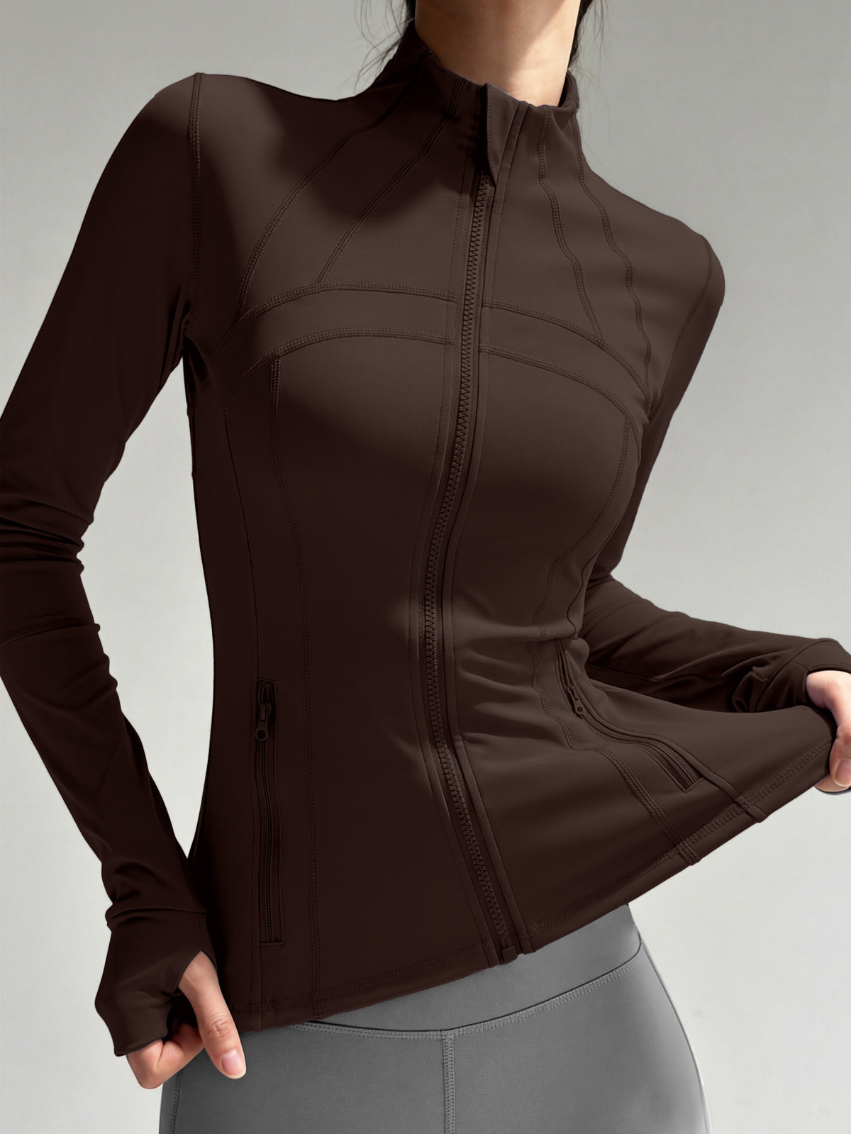 Half Zip Thumb Loop Slim Jacket - Coffee