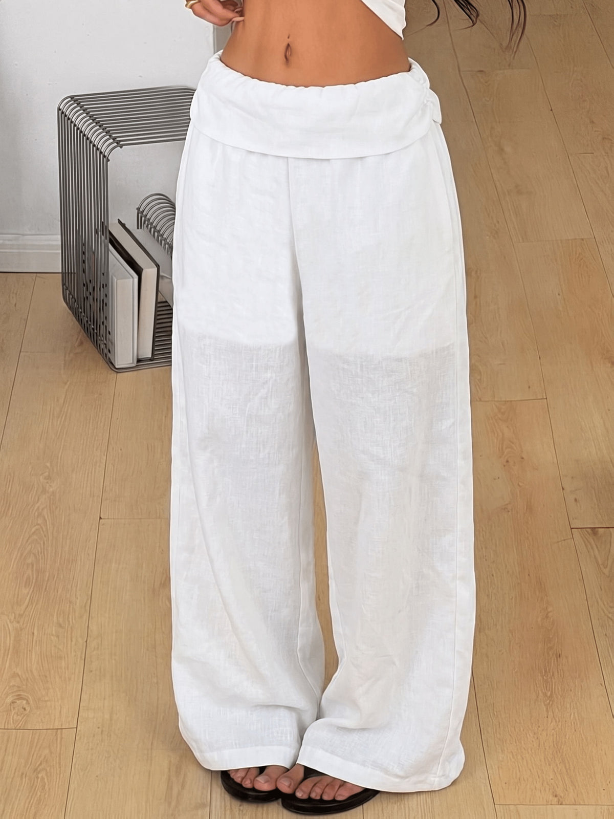 Fold Over Pleated Wide Leg Pants - White