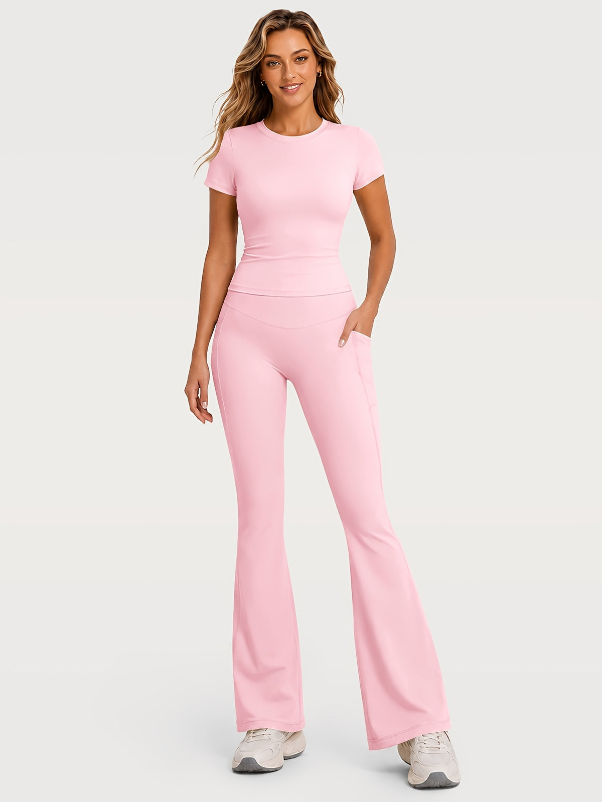 Fitted Tee & Flare Pants Set - Pink