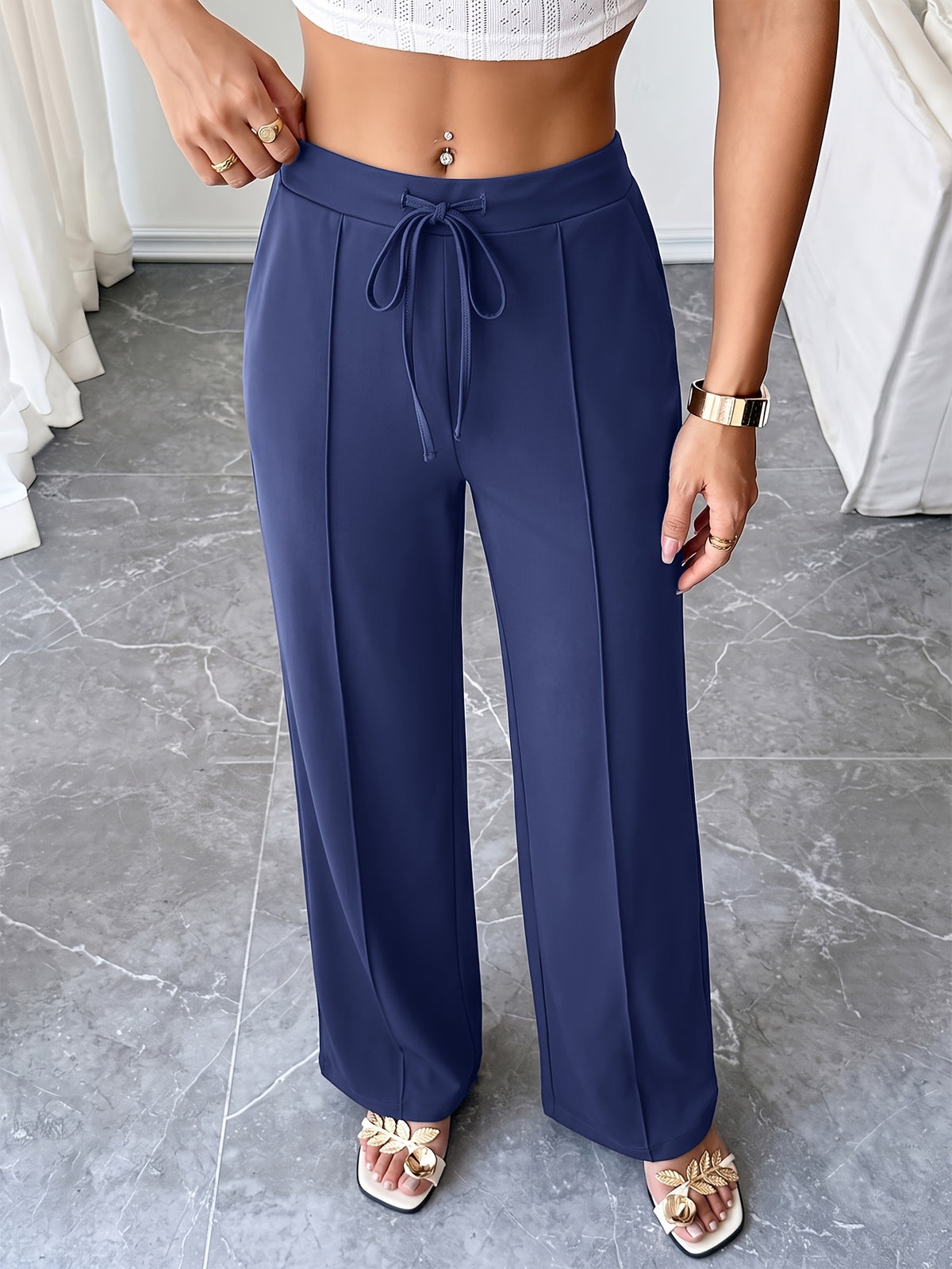 Drawstring Flowy Wide Leg Pants - Navy