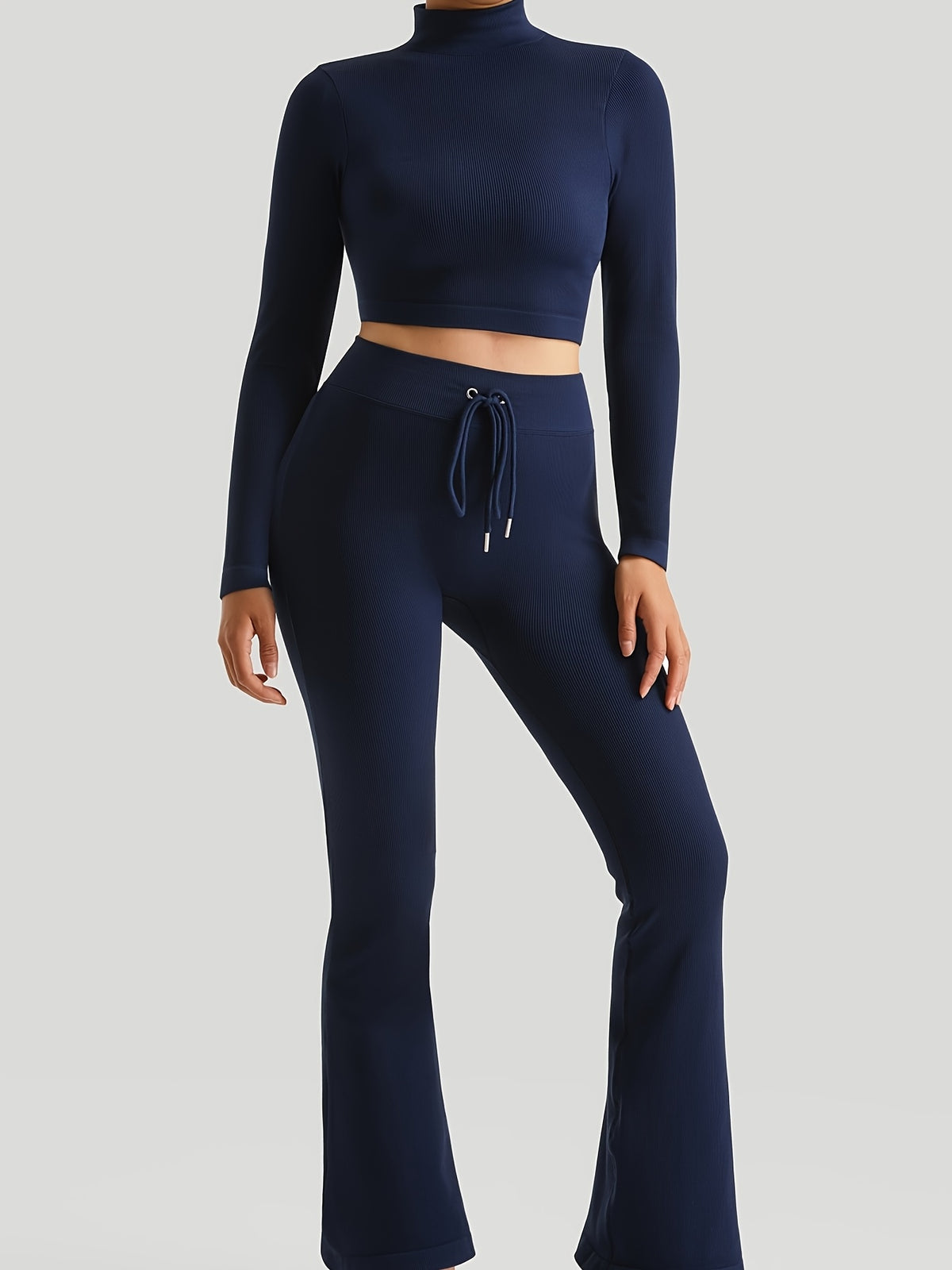 High Neck Crop Top & Drawstring Flare Set - Navy