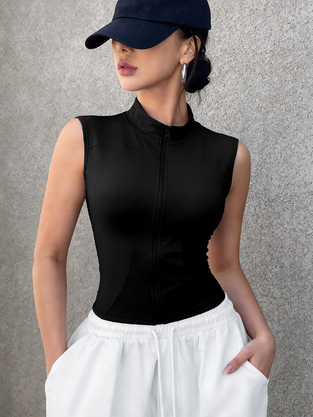 Zip Front Stand Collar Sleeveless Vest - Black