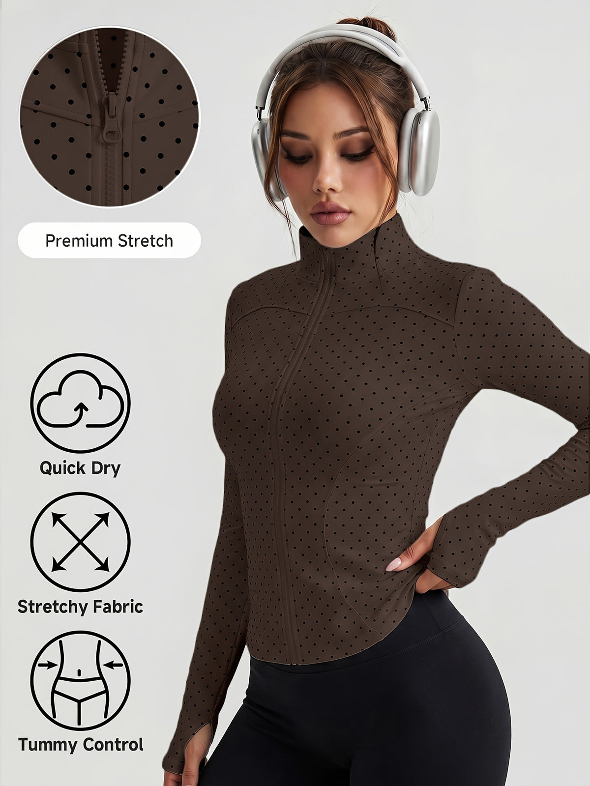 Pin Dot Stand Collar Zip Jacket - Coffee