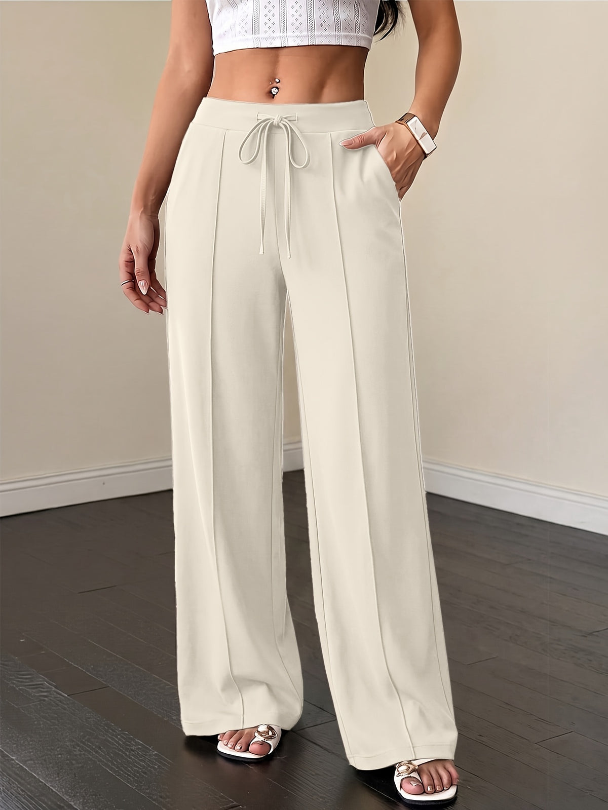 Drawstring Flowy Wide Leg Pants - Milky