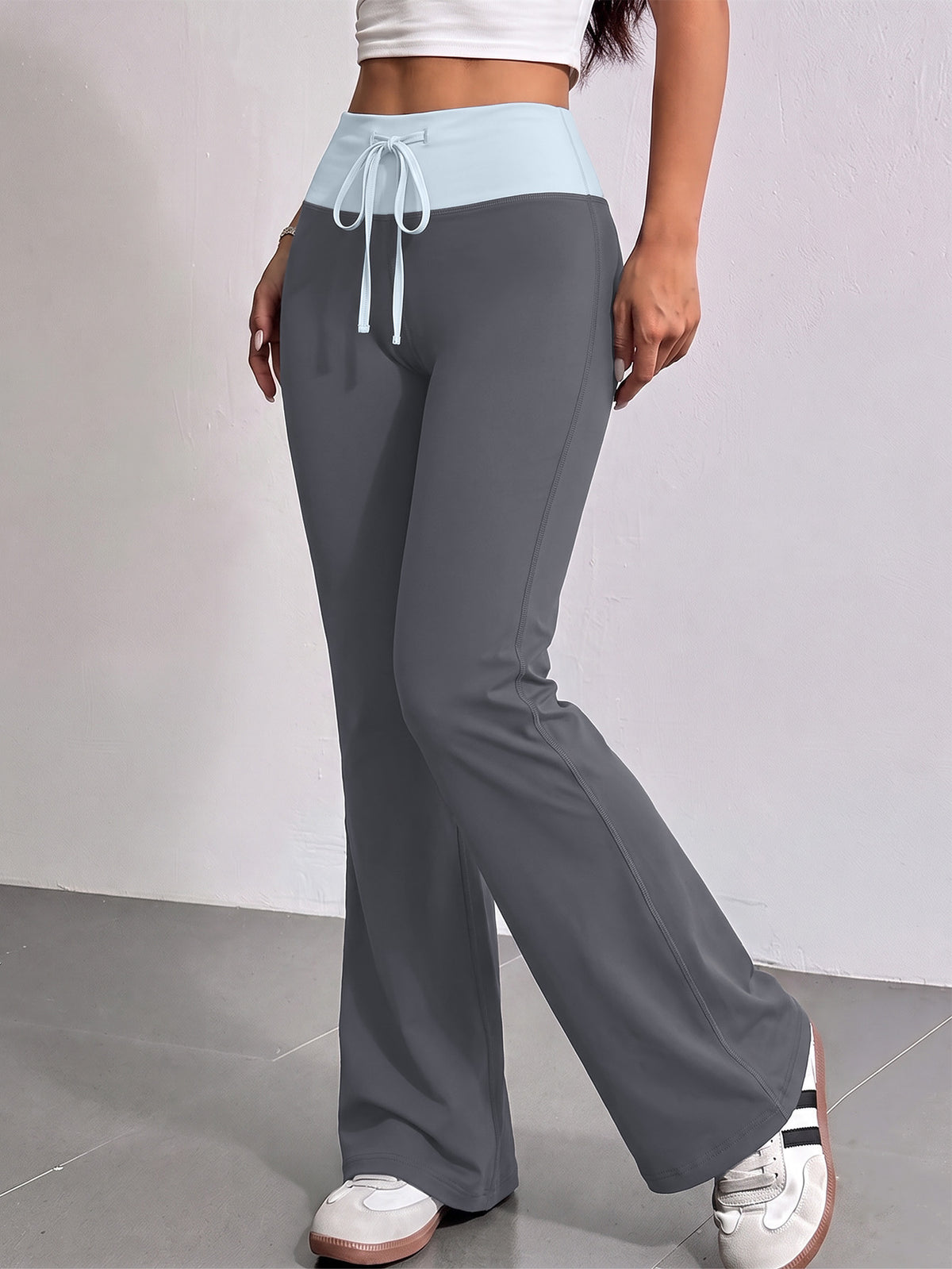 Contrast Waist Drawstring Straight Yoga Pants - Grey