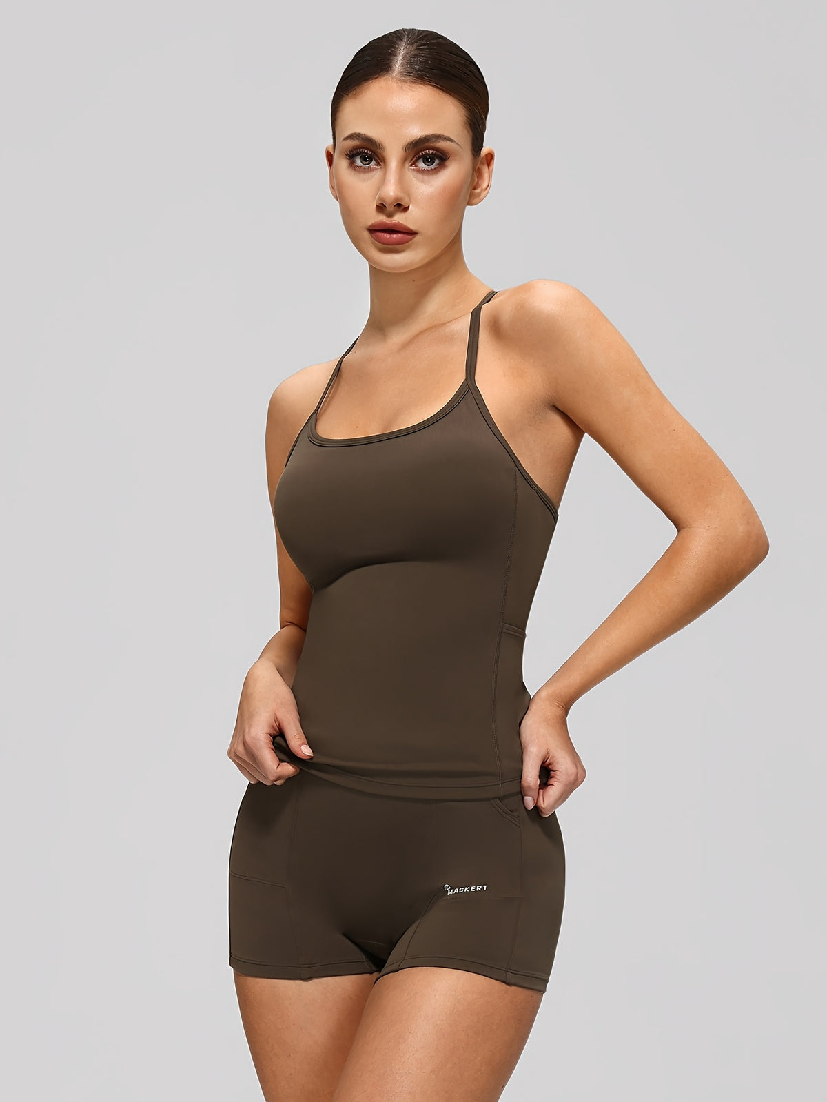 Crossover Top & Pocket Shorts Set - Coffee Brown