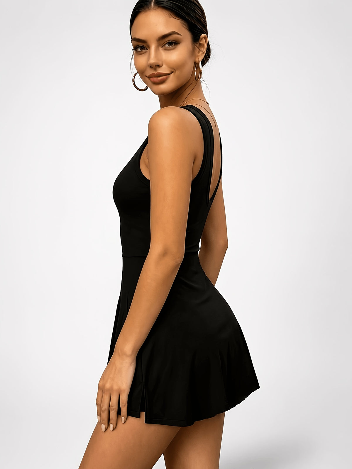 2-in-1 Side Tie Wrap Tennis Dress - Black