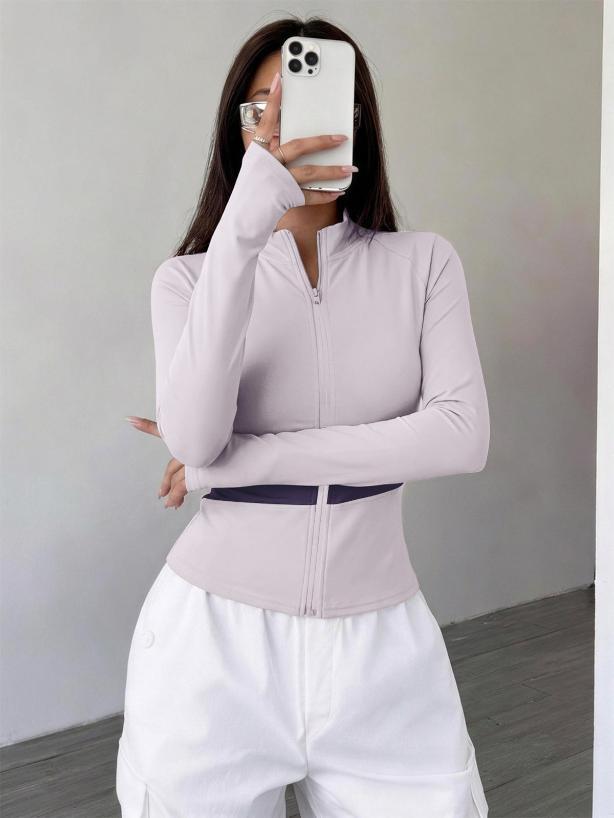 Spliced Full Zip Thumb Loop Top - Light Purple