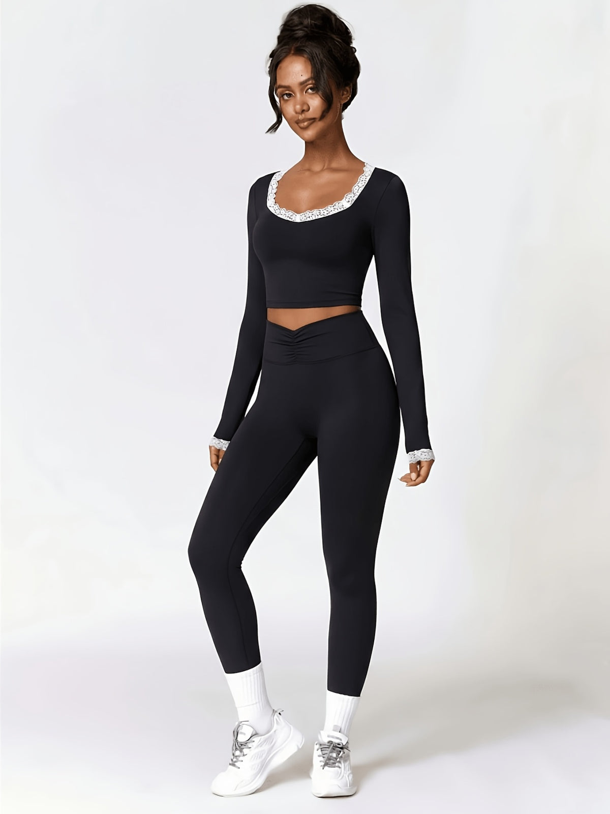 Contrast Trim Crop Top & Leggings Set - Black