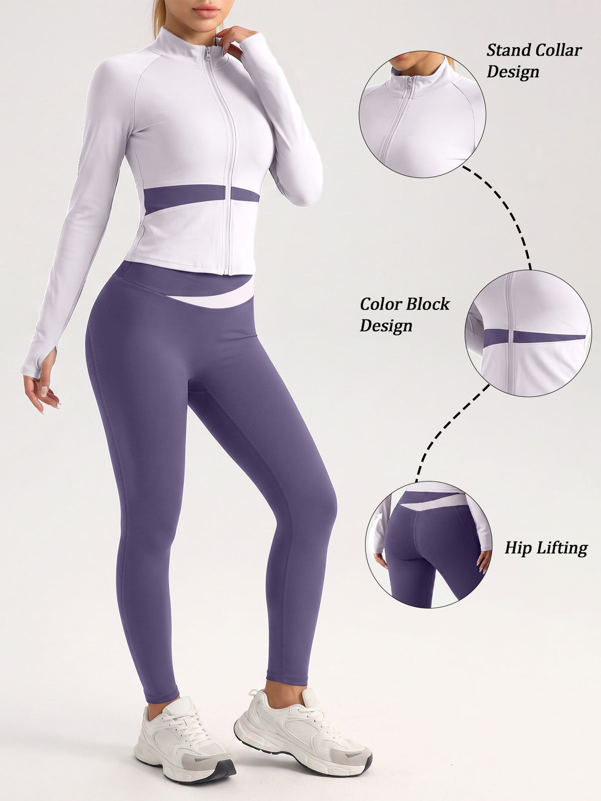 Contrast Zip Jacket & Lifting Leggings Set - Light Purple & Dark Purple