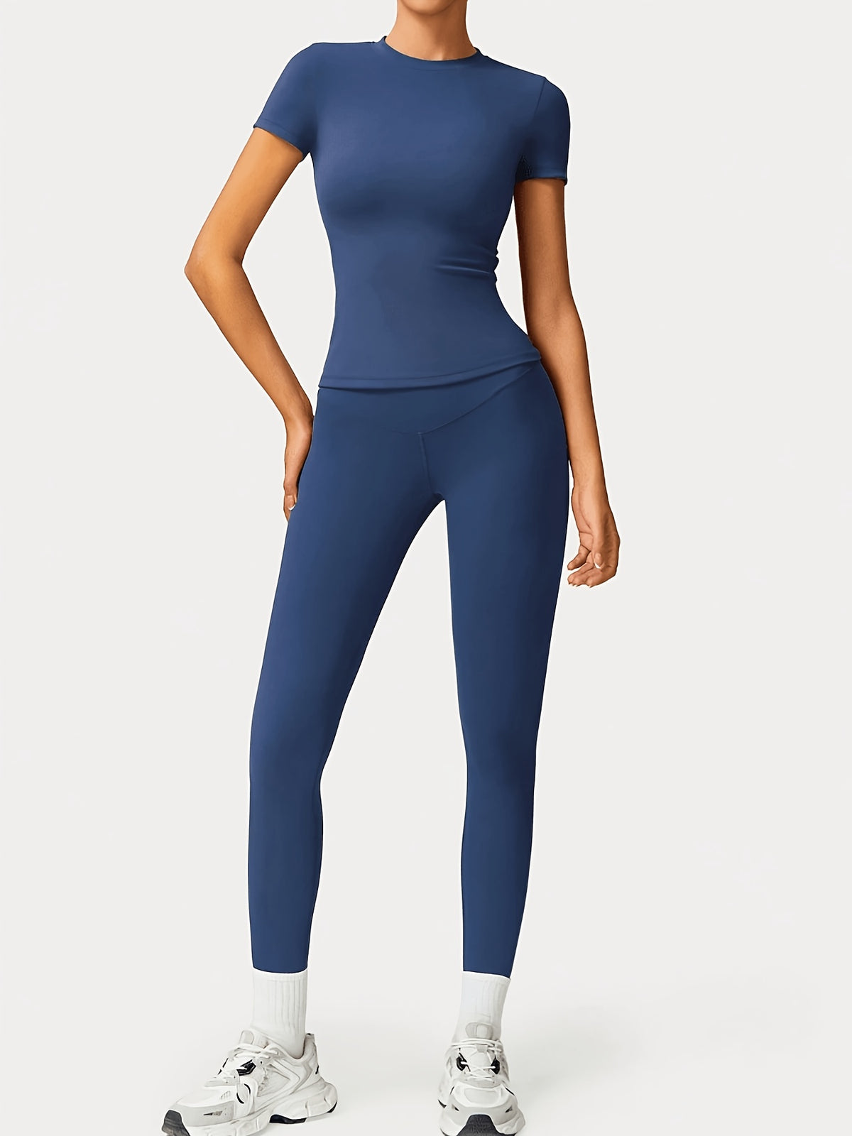 Slim Round Neck Top & Lifting Leggings Set - Navy